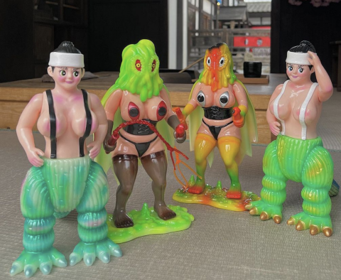 2023 Releases of Harutan (far left and far right) and Hedoniah (center) sofubi figures